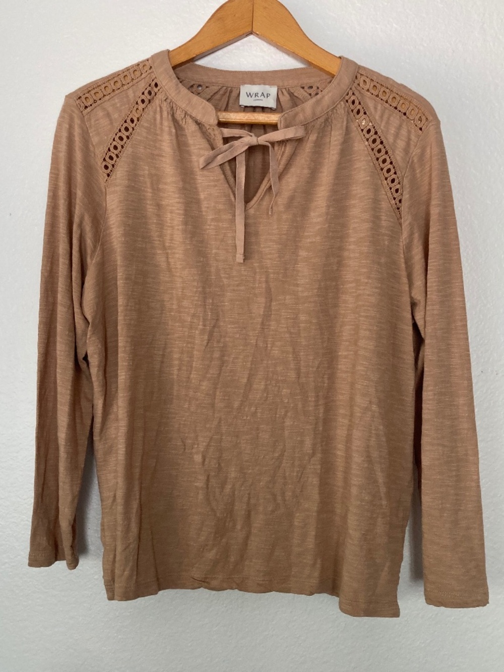 WRAP LONDON Tie Neck Beige Cotton Modal Long Sleeve Top Women’s Sz 6